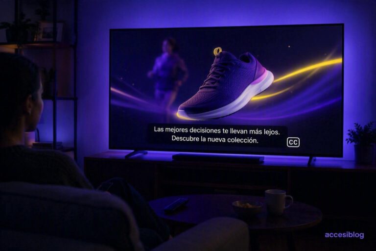 Una persona en un salón ve un anuncio de zapatillas en la televisión con subtítulos (CC) activados y visibles en pantalla